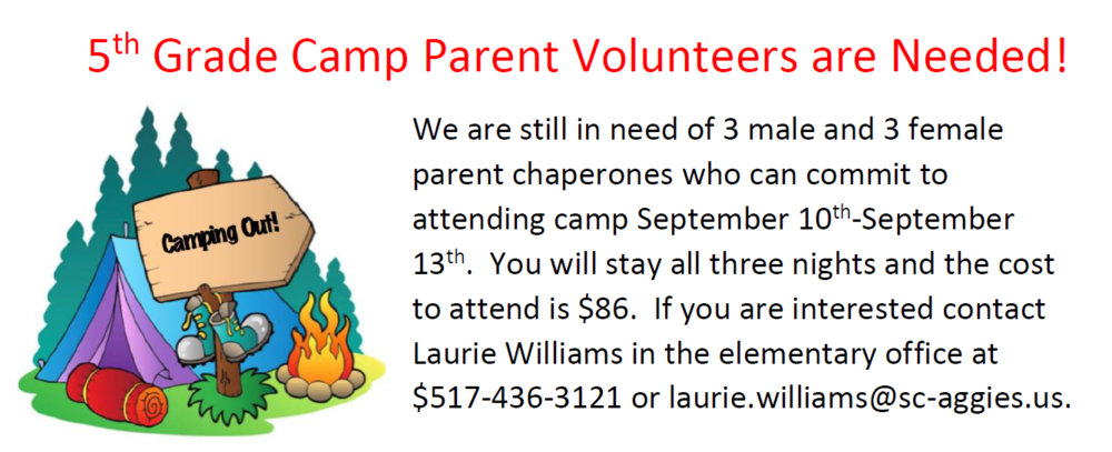 5th Grade Camp Parent Volunteers Needed